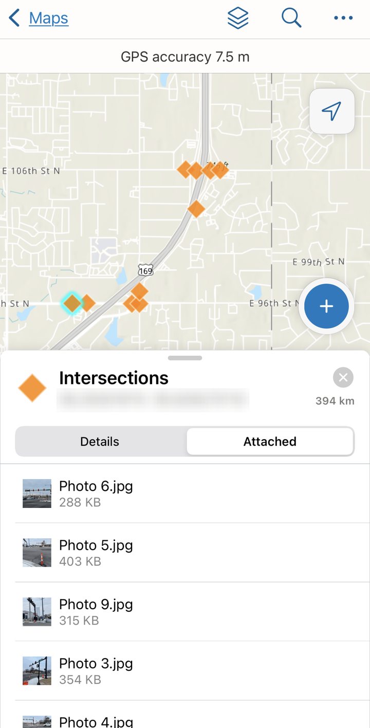 The same intersection record showing its attached geotagged photographs