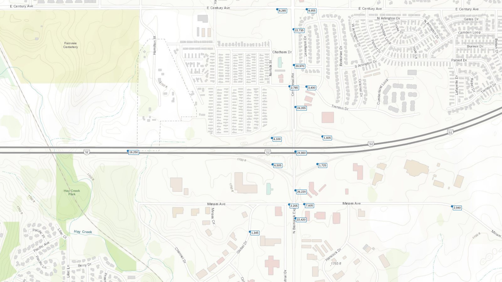 Interactive web map with roadway count locations labelled with average daily traffic values