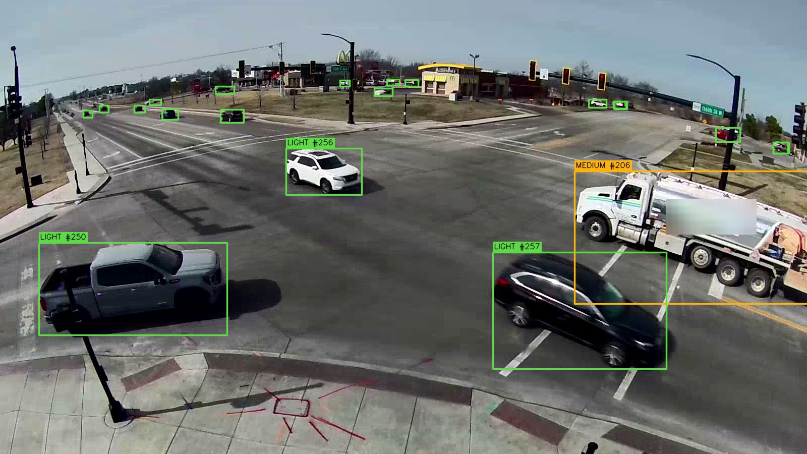 Signalized intersection in Owasso, Oklahoma, with vehicles marked as they pass through each turning movement